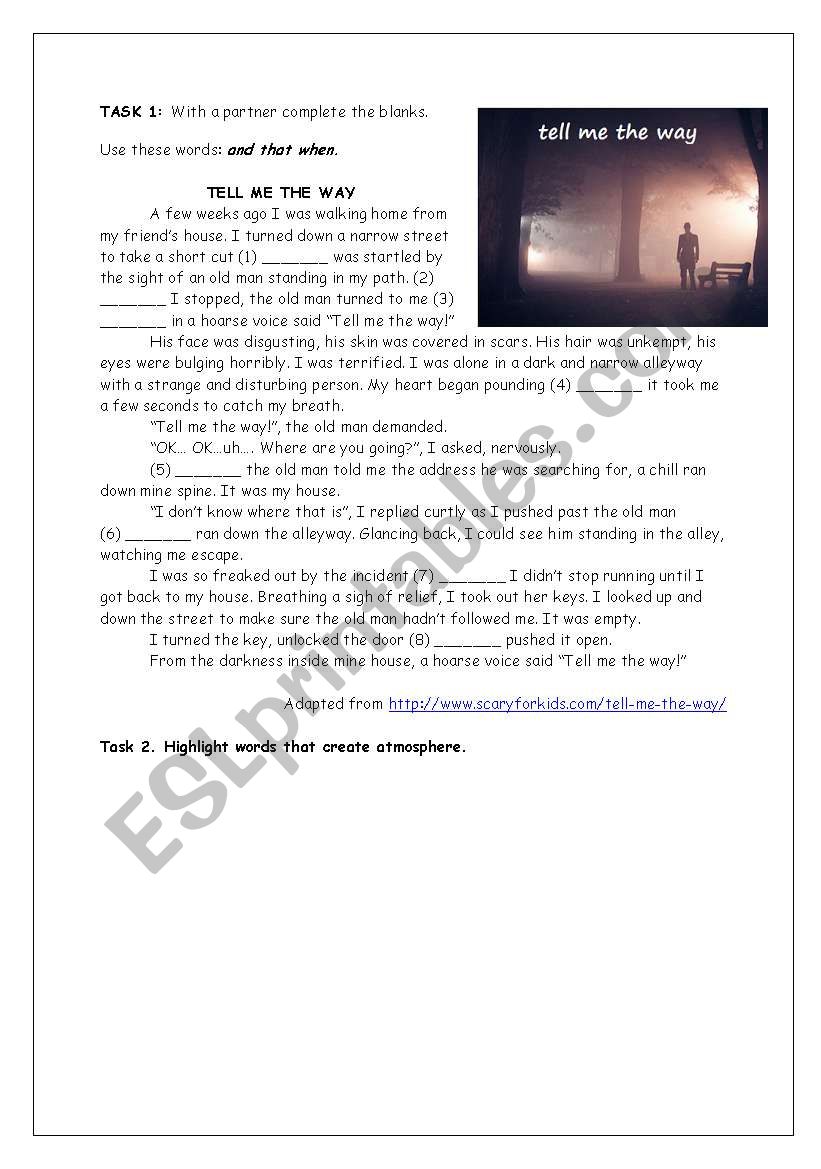 Tell me the way - Scary story worksheet