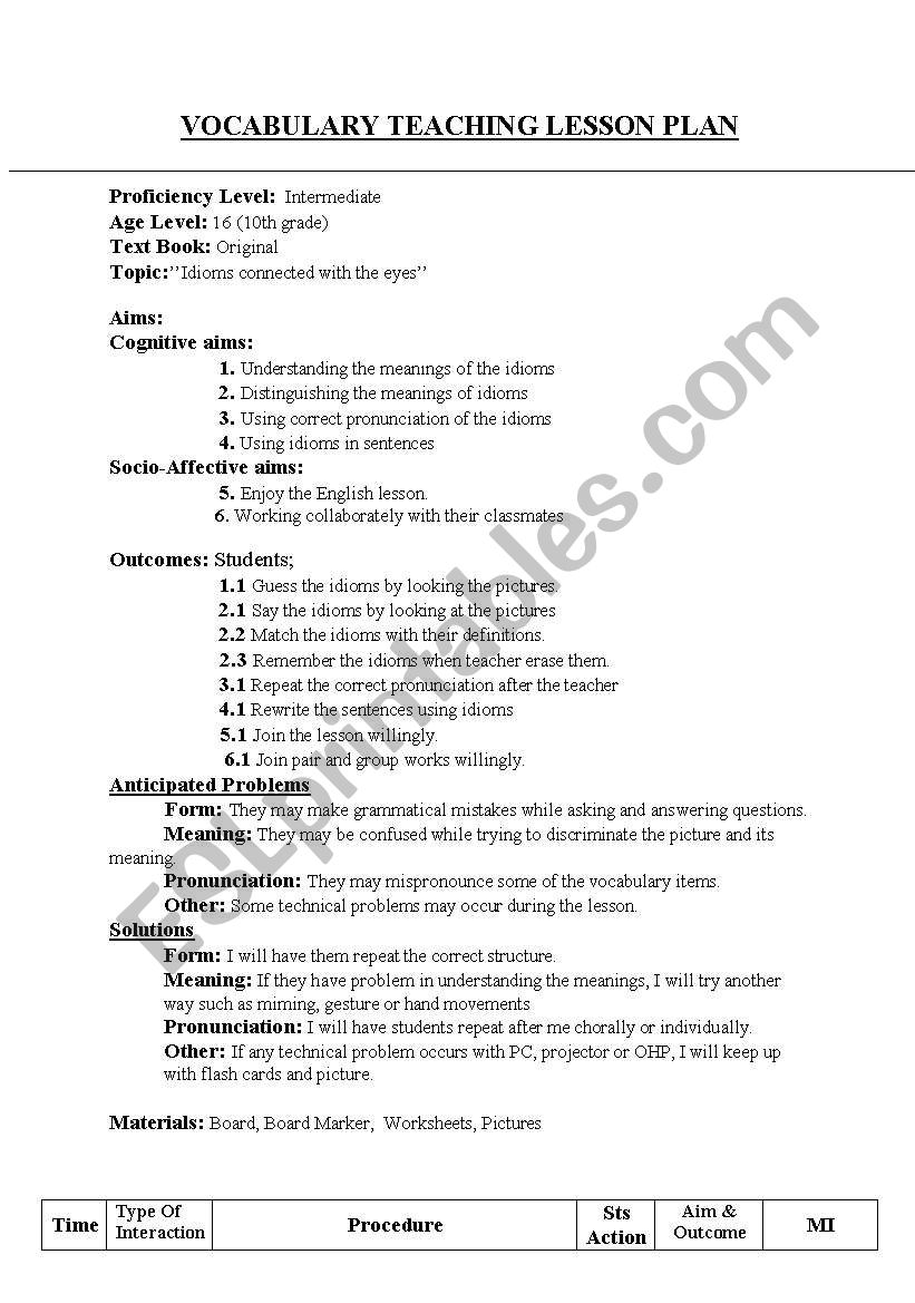 vocabulary lesson plan worksheet