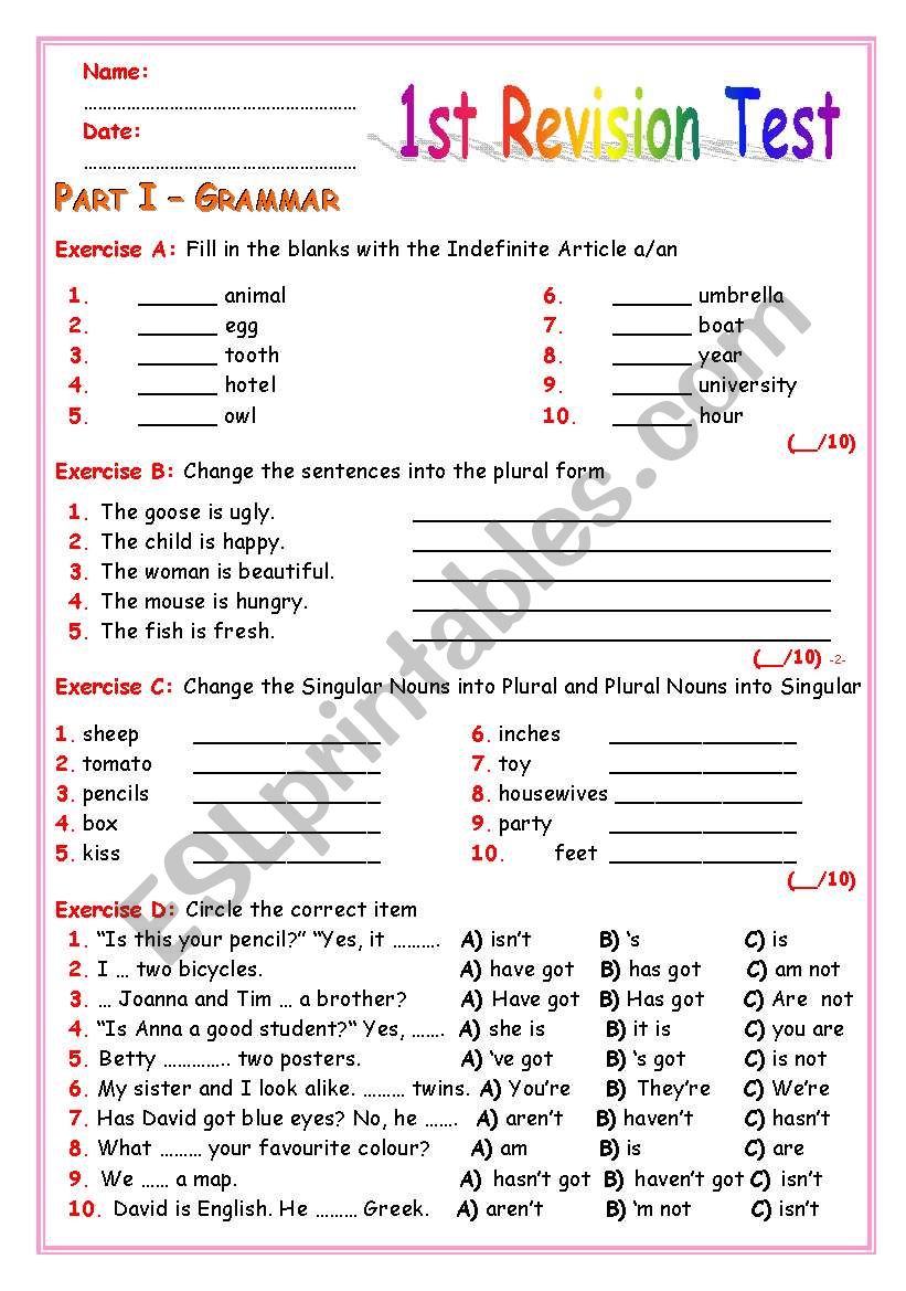 Grammar and Vocabulary Test worksheet