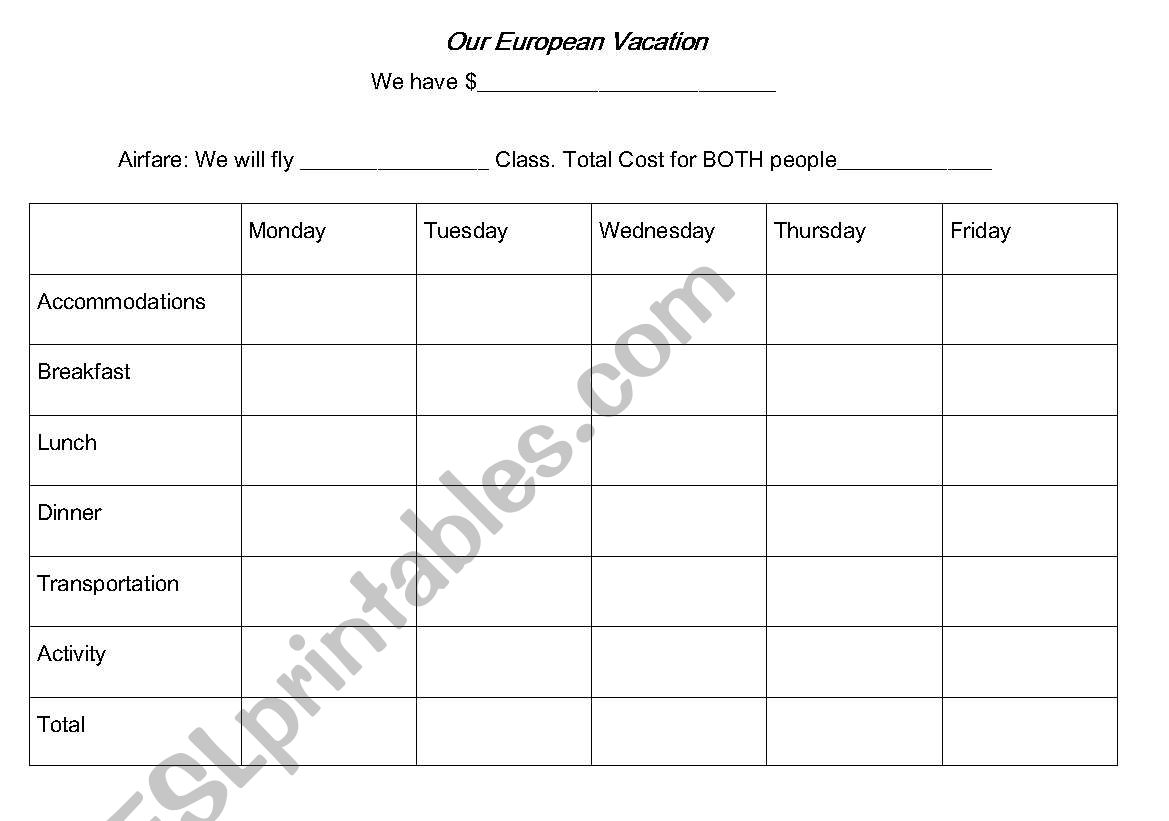 Planning a Vacation Worksheet worksheet