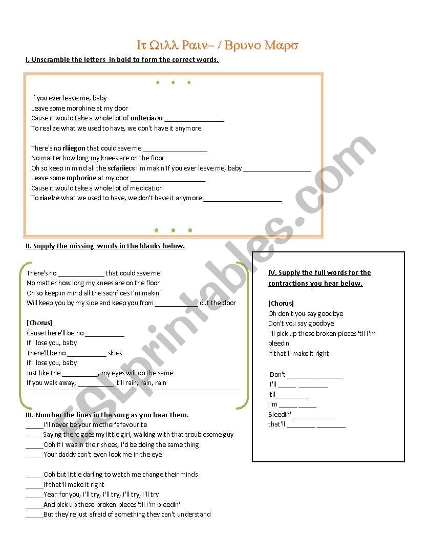 Bruno Mars - It Will Rain worksheet