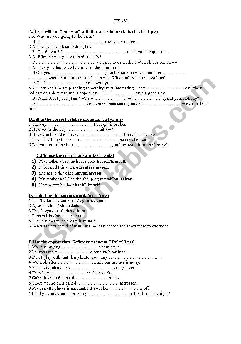 exam worksheet