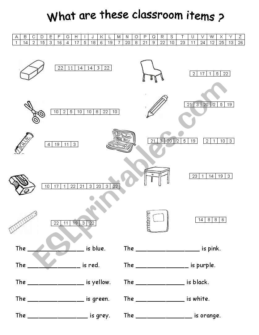 What are the classroom items? worksheet