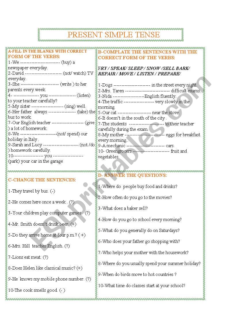 PRESENT SIMPLE  TENSE  worksheet