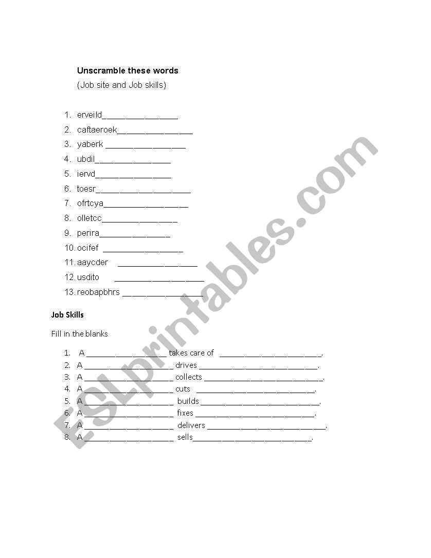 Employment - Job Skilss worksheet