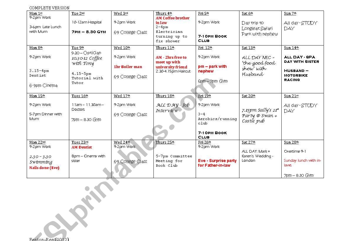 Monthly Diary Pair Task worksheet