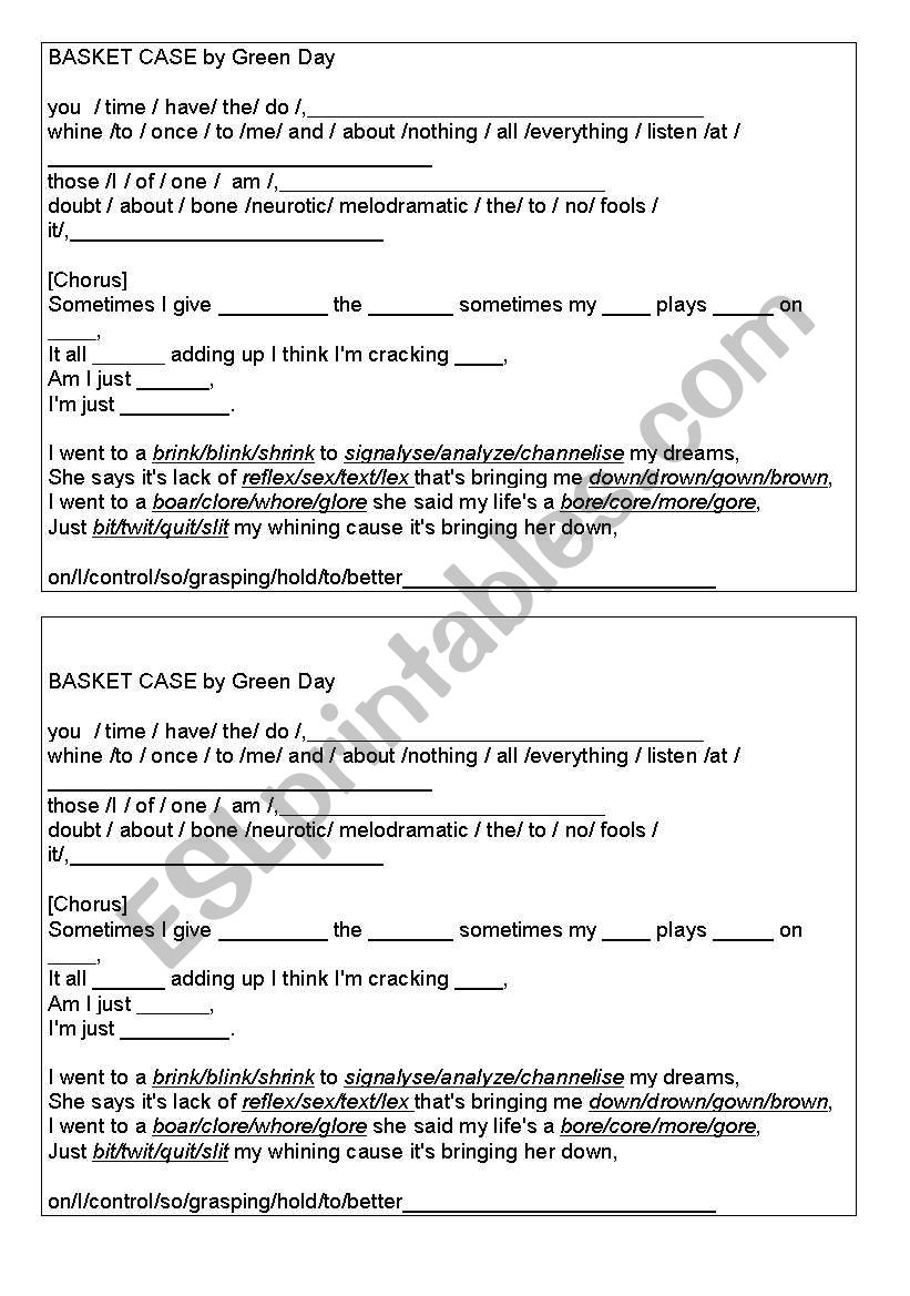 Basket case Lyrics worksheet