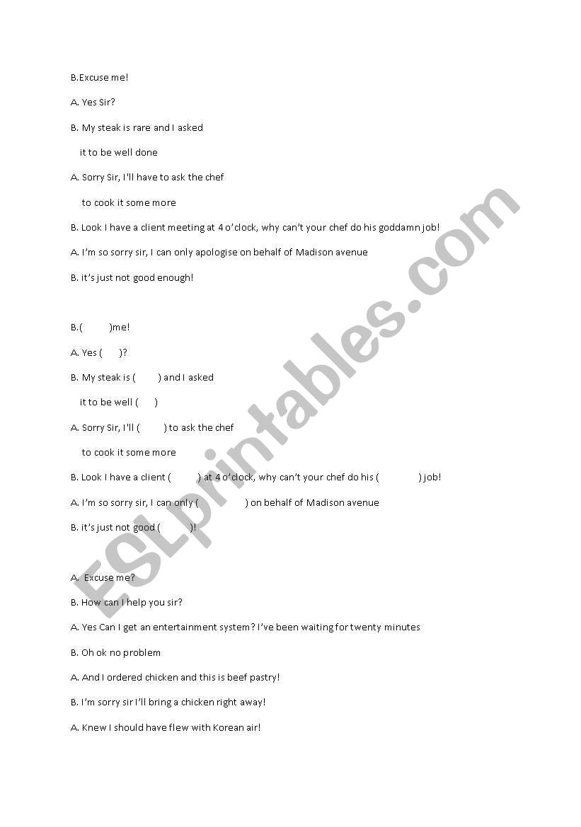 Customer Complaint dialogue worksheet