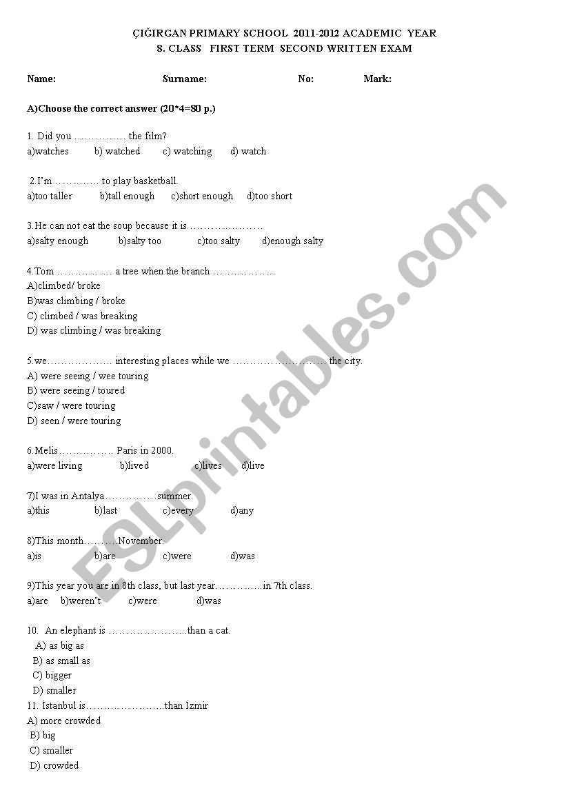 8. class second exam worksheet