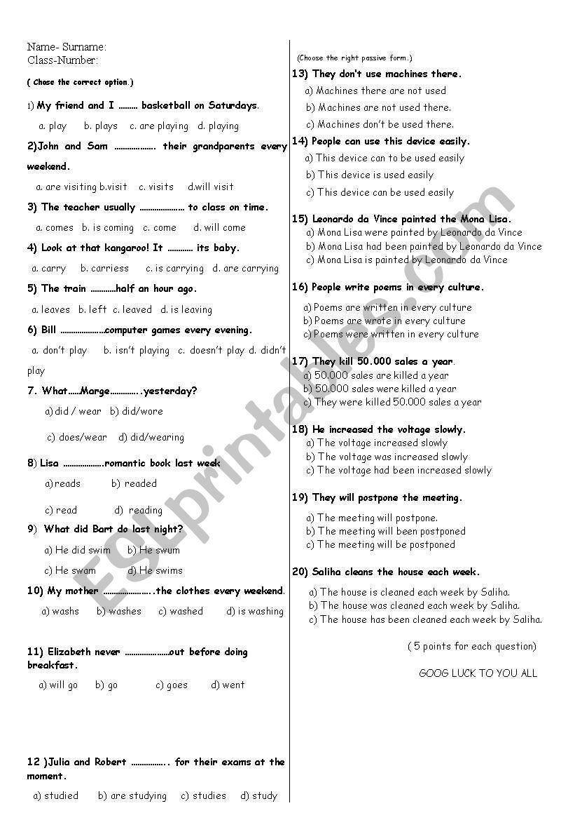 an exam about tense and passive voice