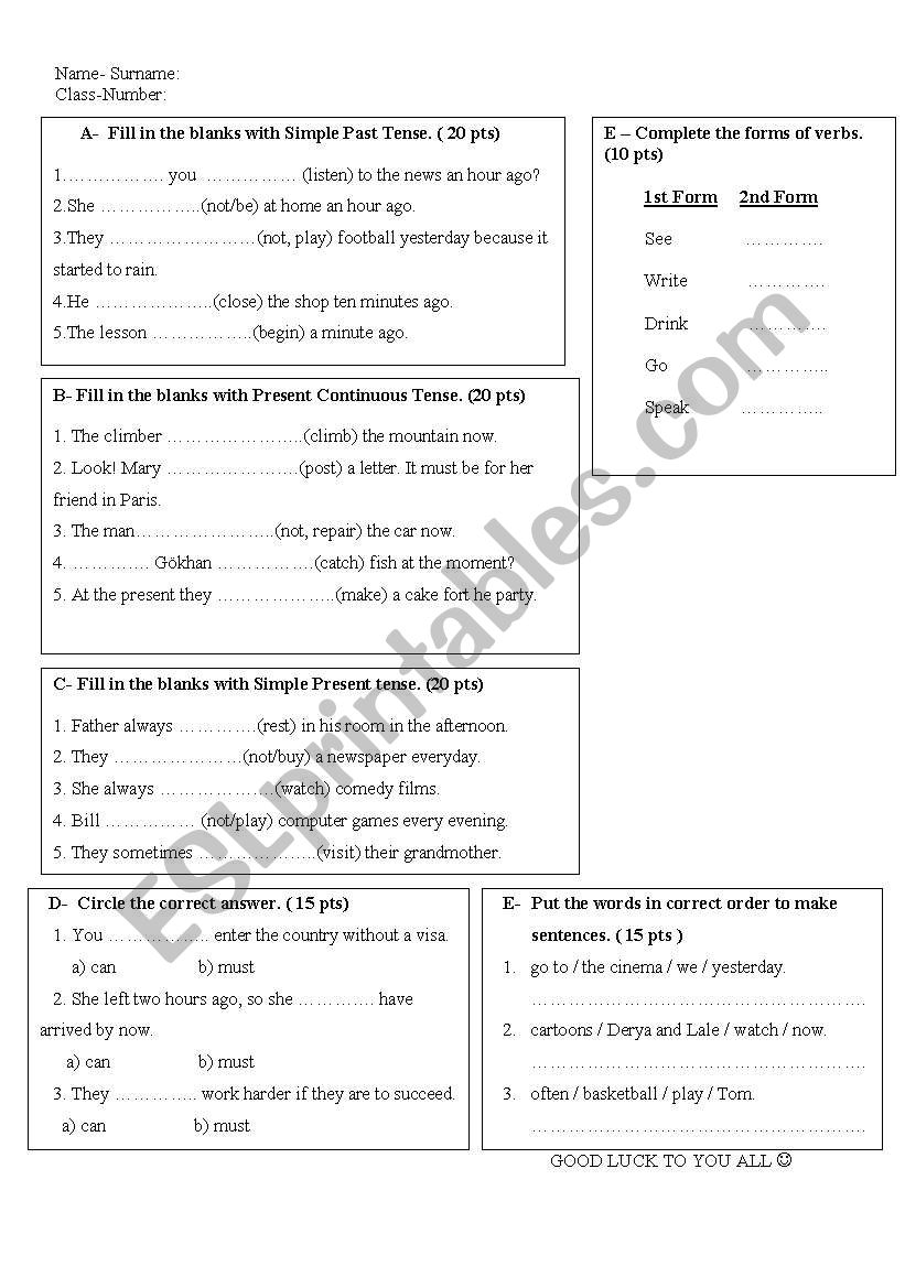 an exam abou tenses worksheet