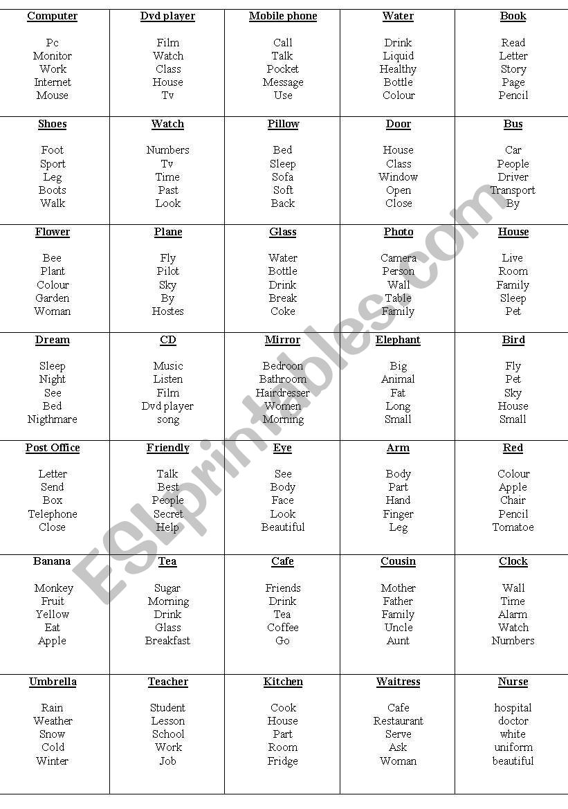 taboo cards worksheet