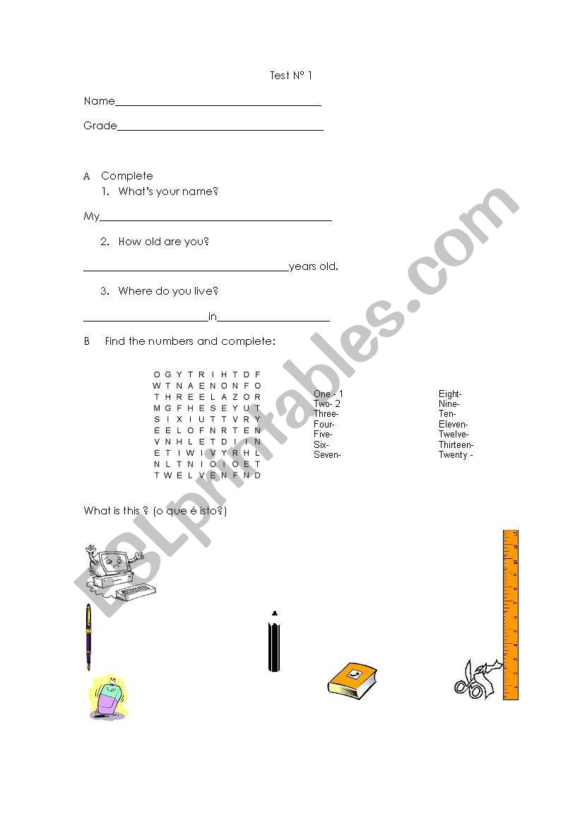 Short Test worksheet