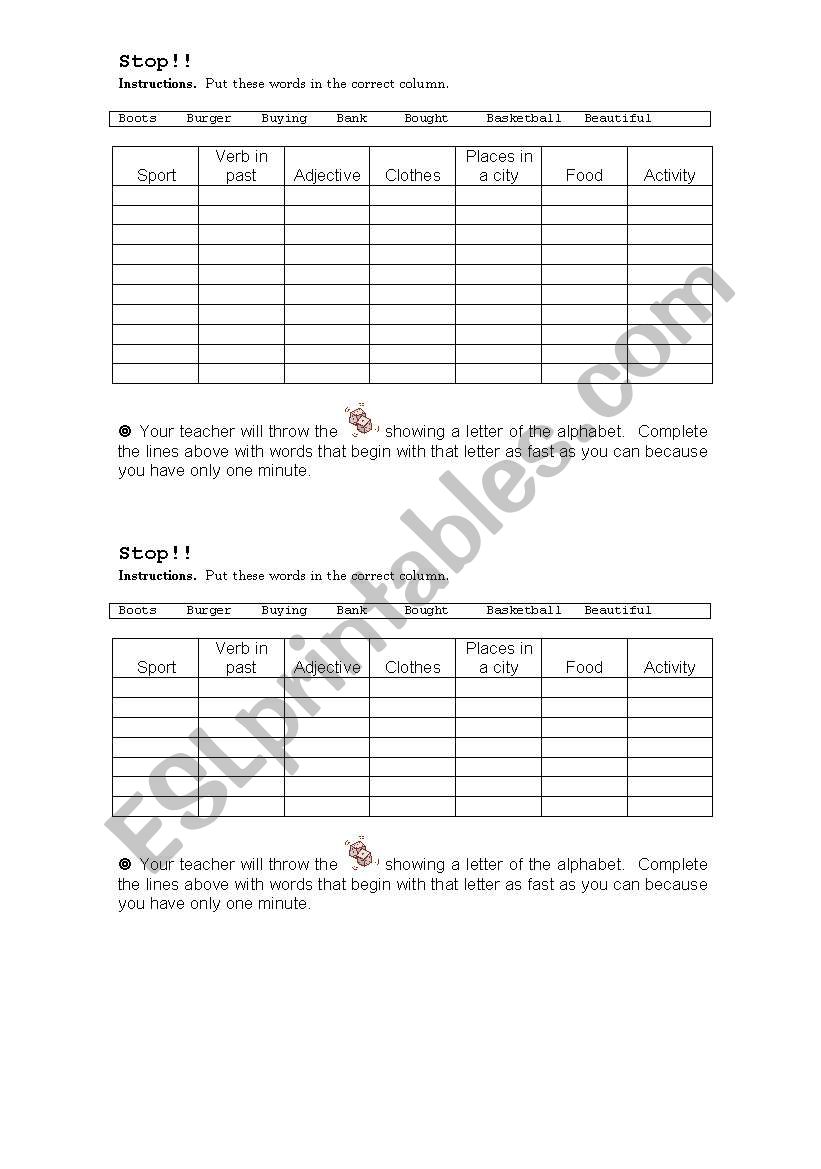 Stop!! worksheet