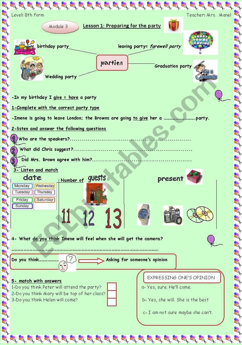 PREPARING FOR PARTIES worksheet