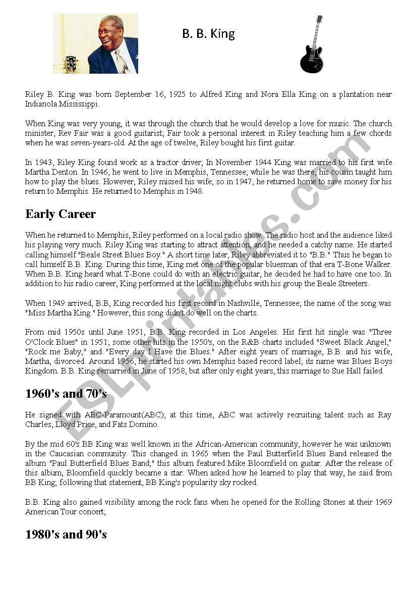 B B King Blues music worksheet