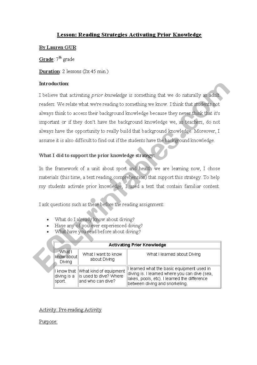 Dive Learning - Prior knowledge vocabulary 