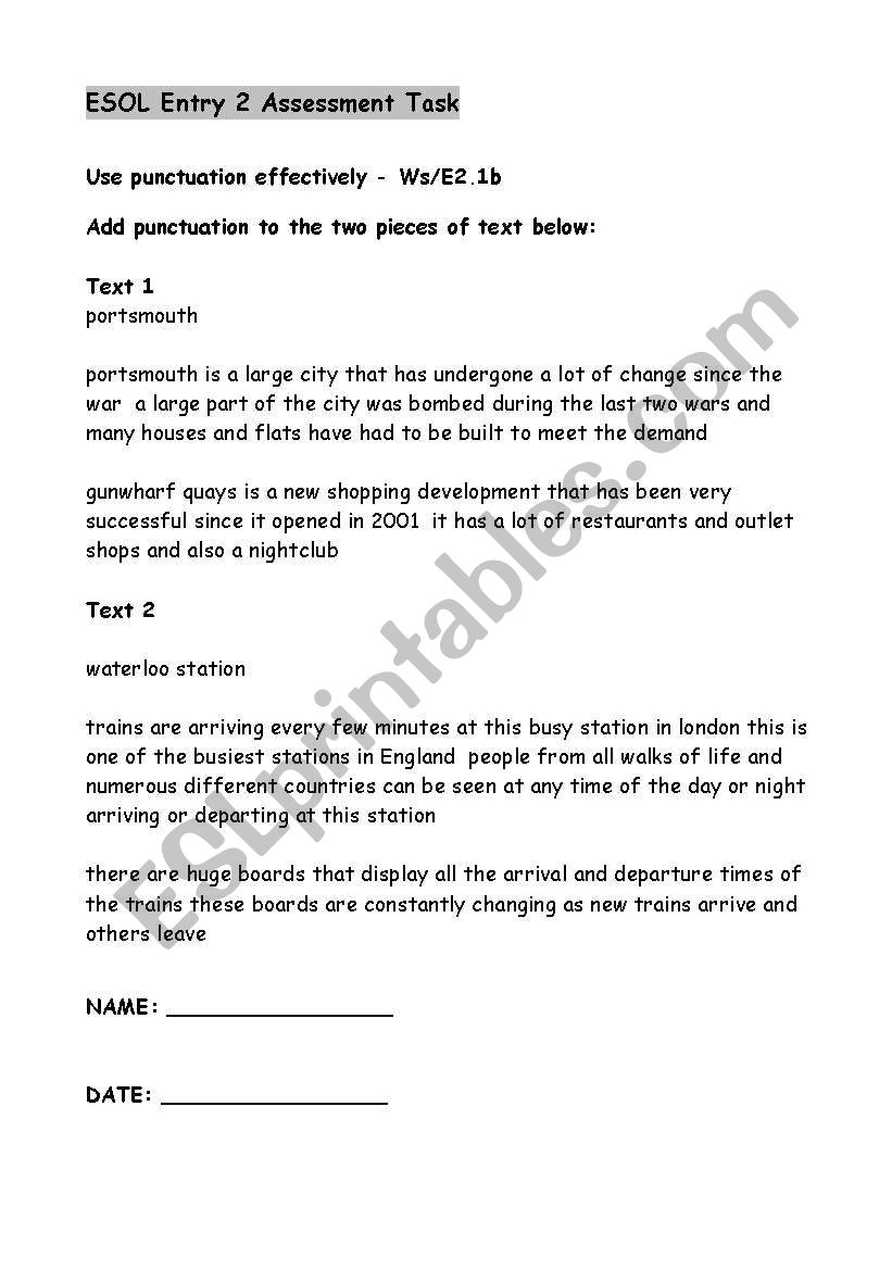 Entry 2 Assessment Task on Punctuation for ESOL