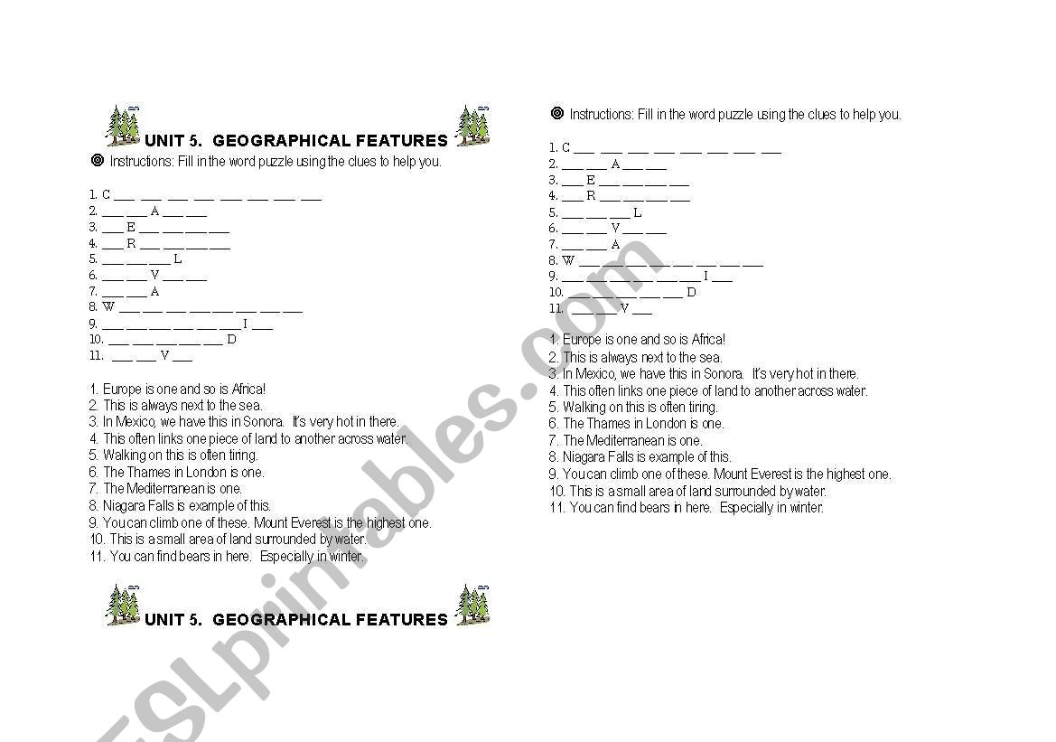 geographical features worksheet