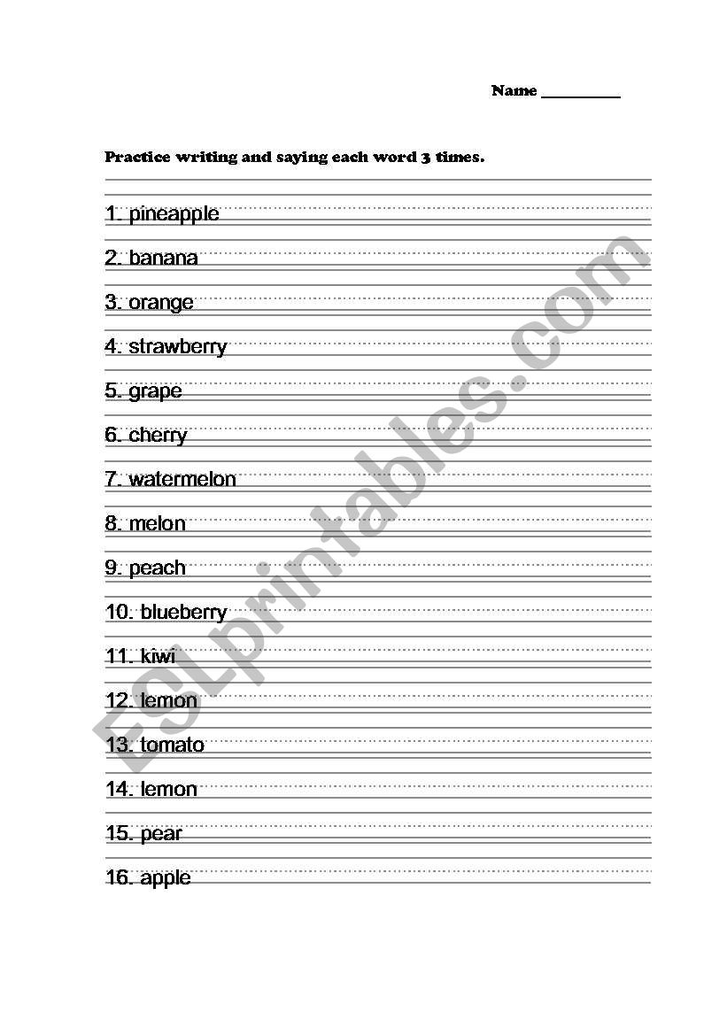 Fruit writing worksheet