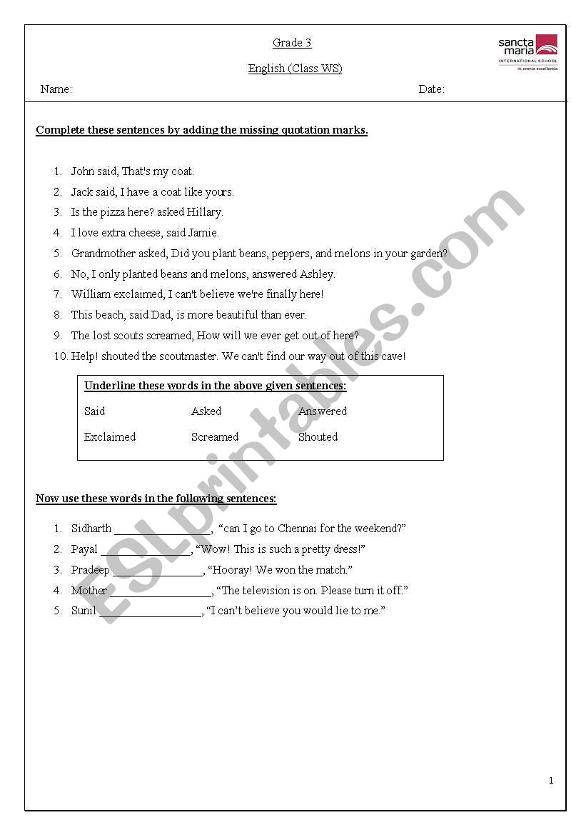 Said and asked worksheet