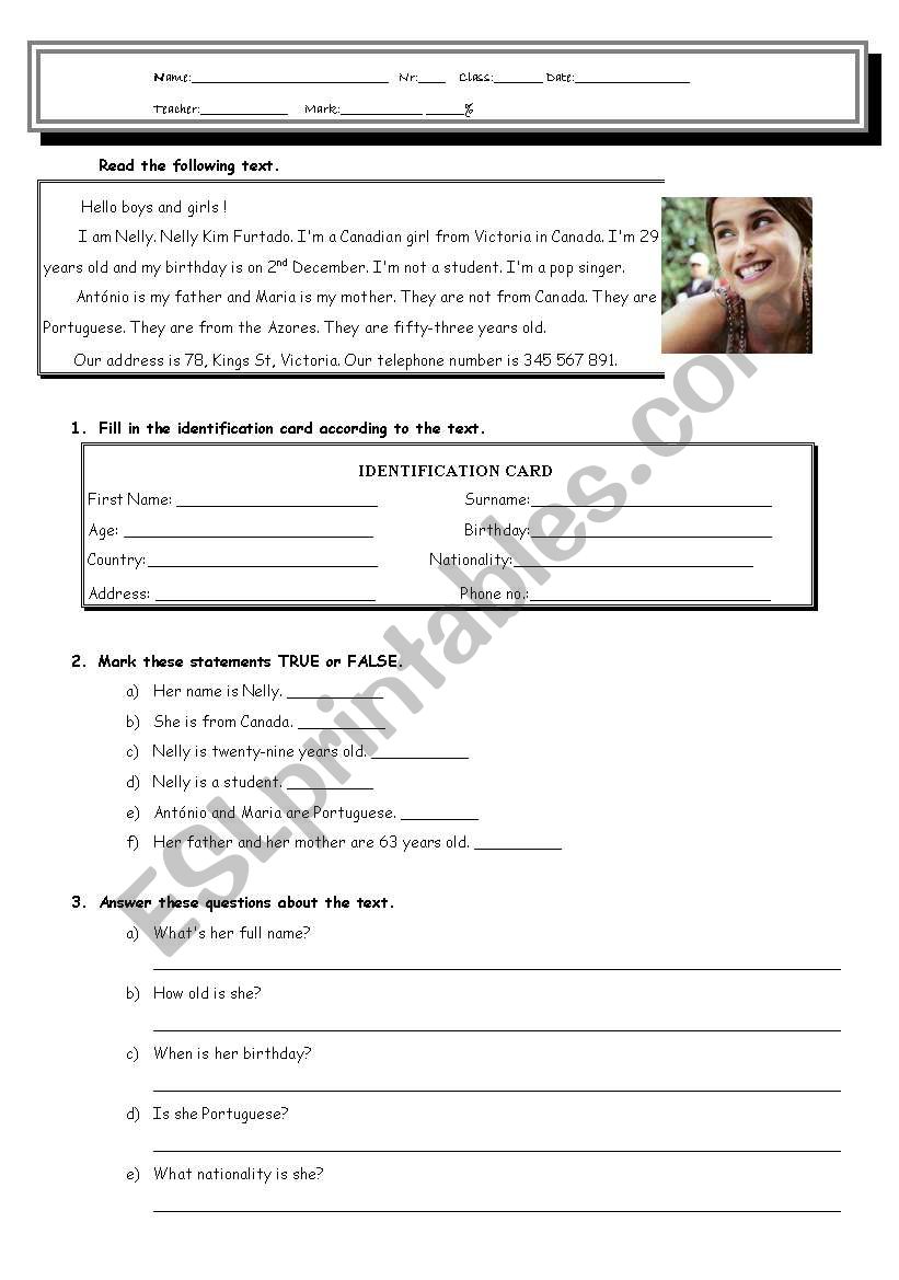 Test - Personal Information worksheet