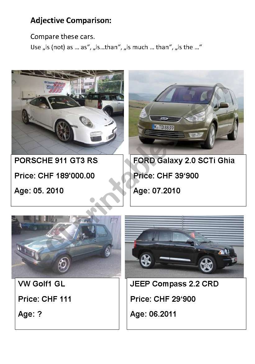 adjective comparison cars worksheet