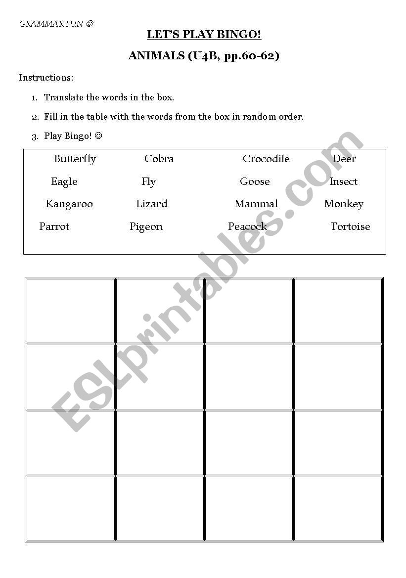 Animals BINGO worksheet