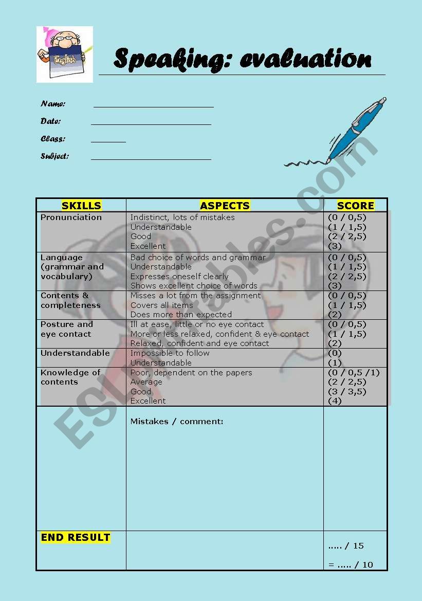 Speaking evaluation form worksheet