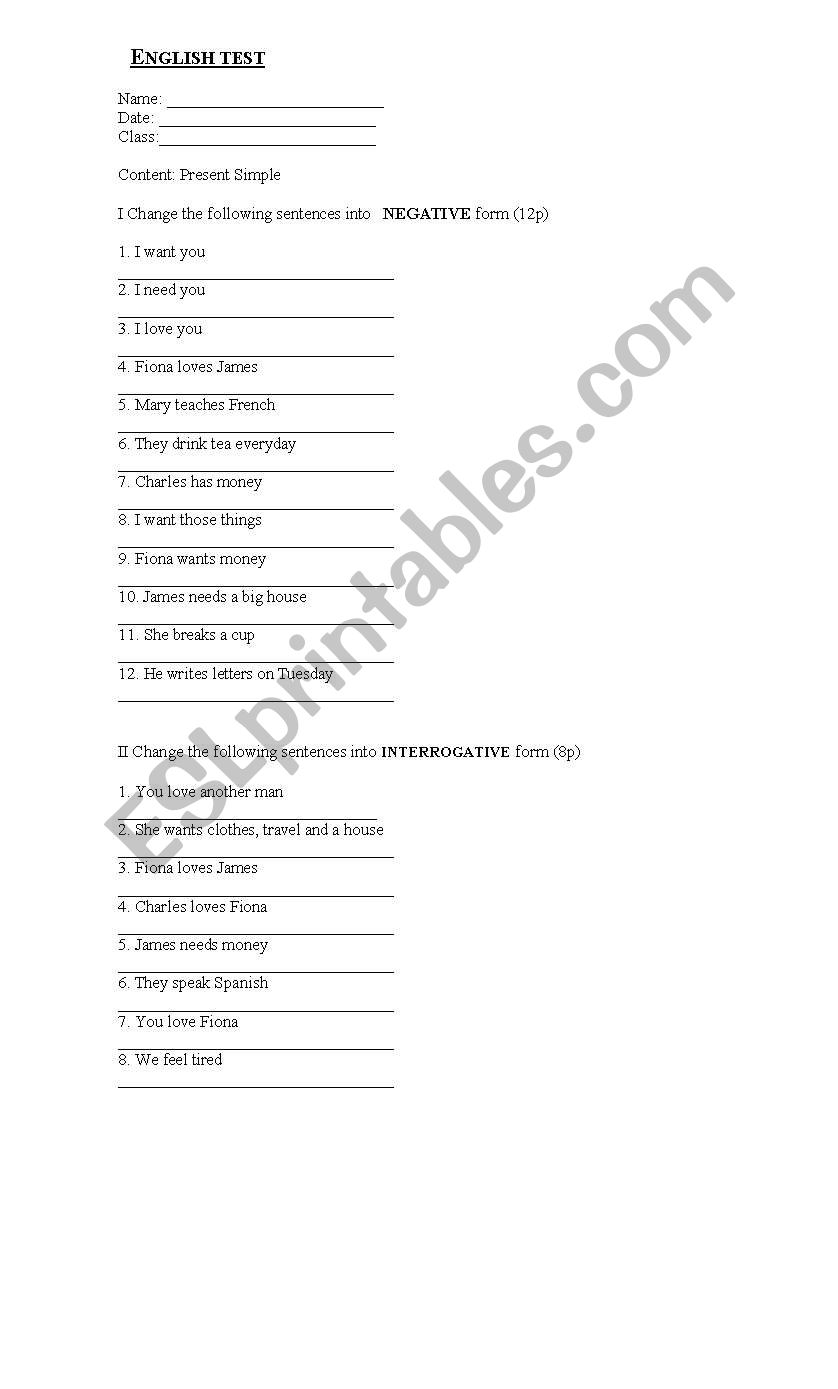 Test Present Simple worksheet