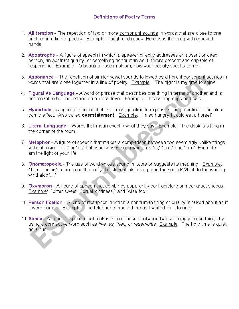 Basic Definitions of Poetry worksheet