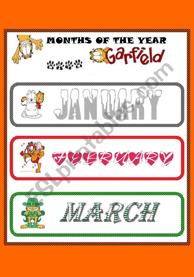 MONTHS OF THE YEAR WITH GARFIELD - SET 1 - 12 FLASHCARDS - 4 PAGES - EDITABLE