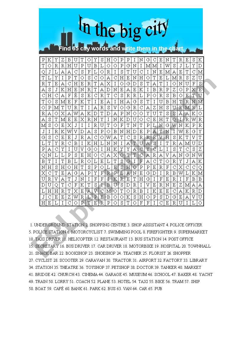 In the big city Wordsearch worksheet