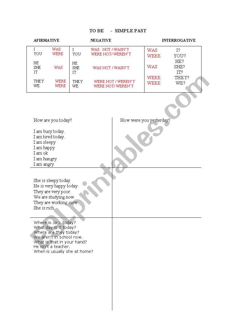 simple past - to be worksheet