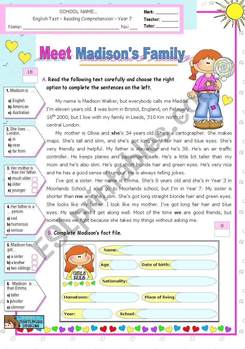 Meet  Madisons Family  -  Reading Test