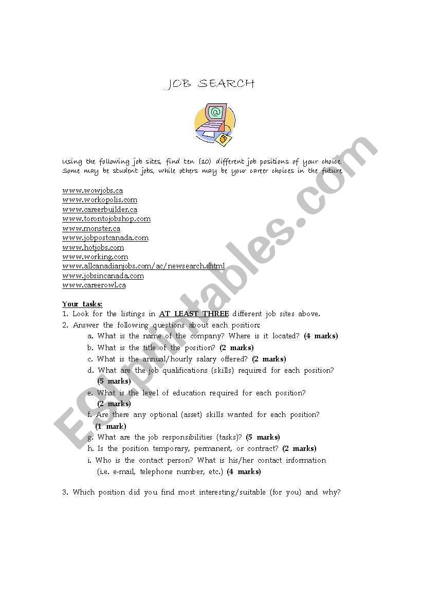 JOB SEARCH ASSIGNMENT worksheet
