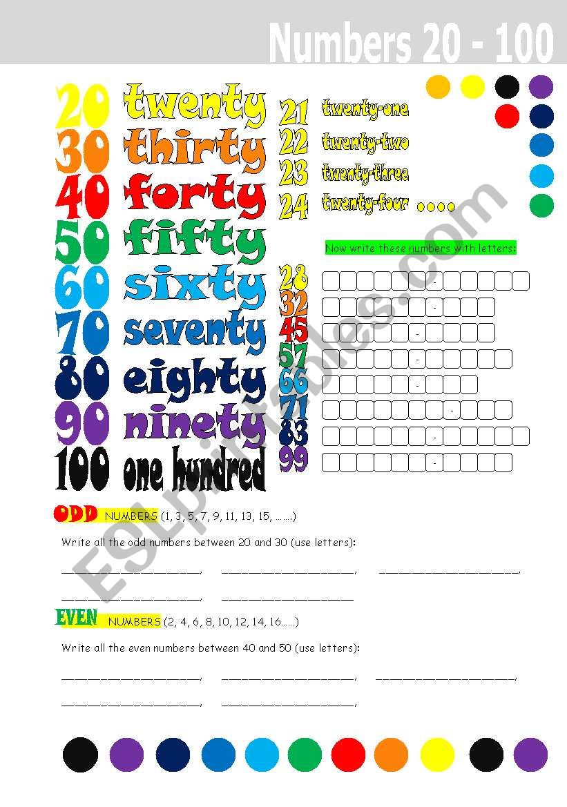 Numbers 20-100 worksheet