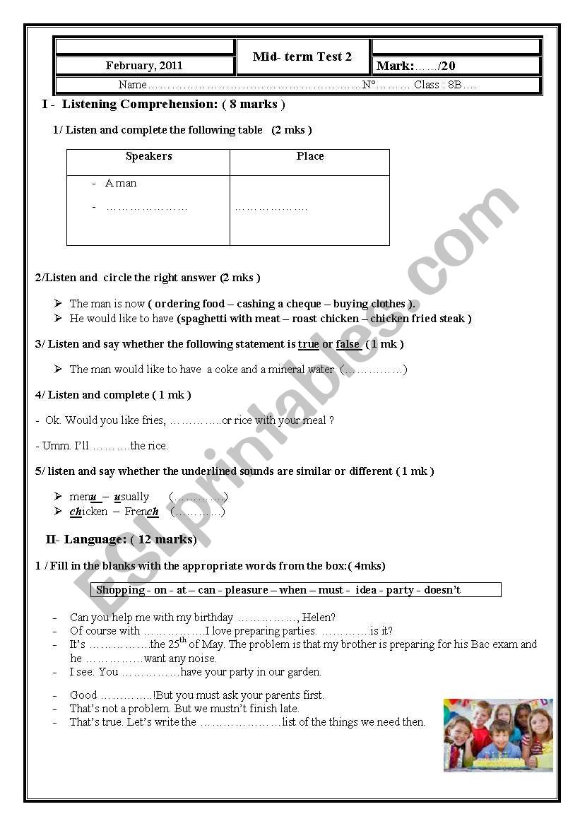 Mid- term test n2   8th form worksheet