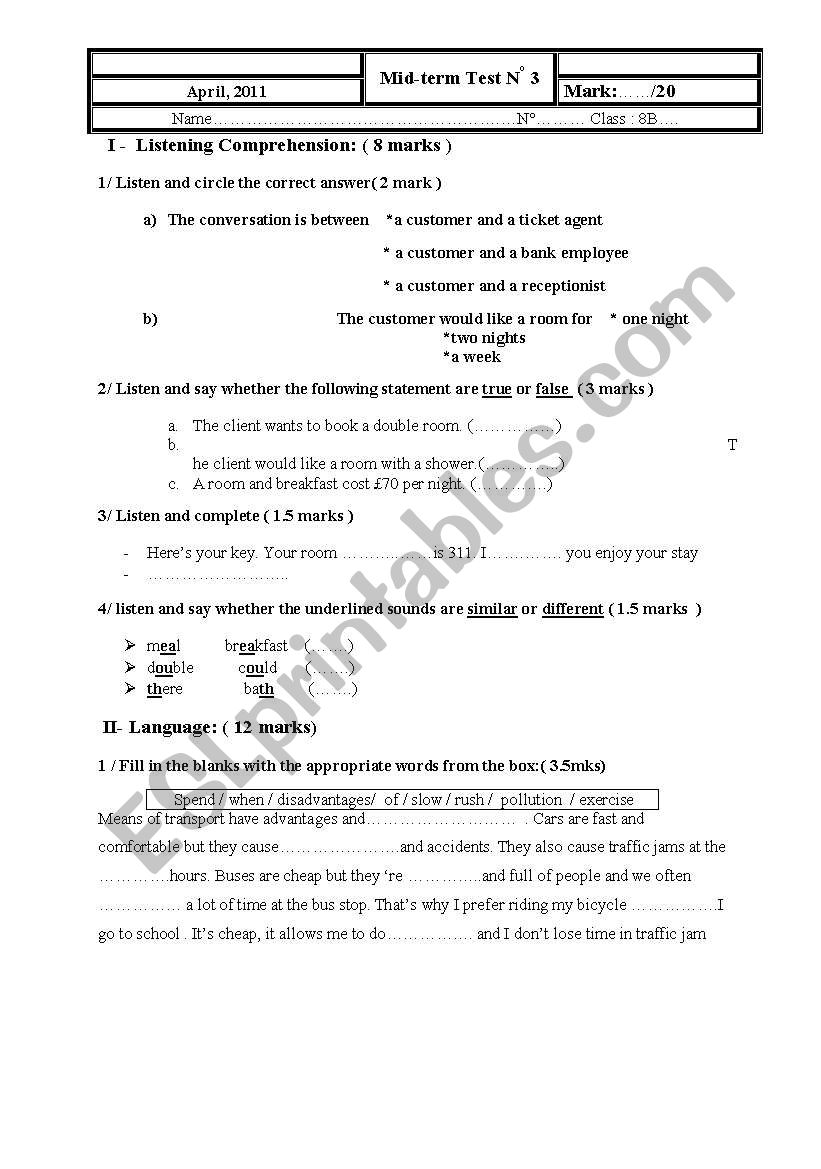 Mid- term test n3   8th form worksheet