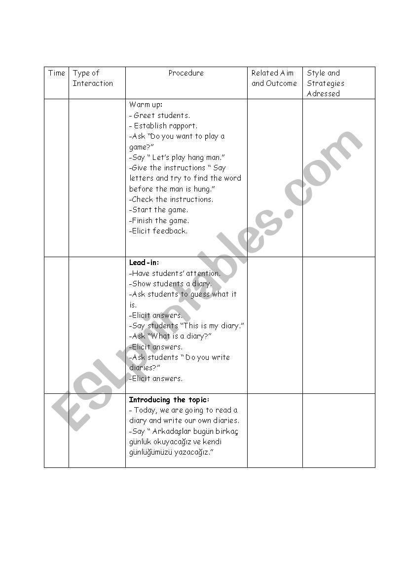 writing lesson plan worksheet