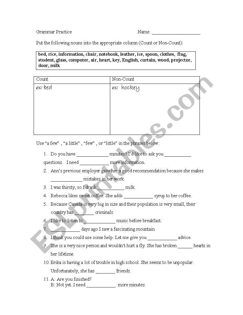 count and non count worksheet