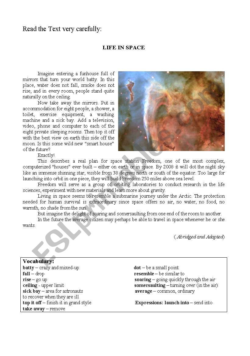 Life in Space - written test worksheet