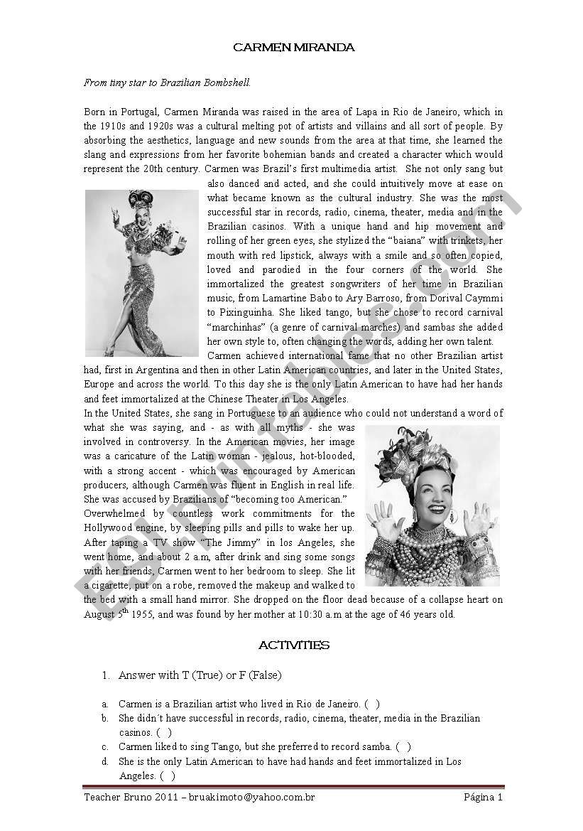 Carmen Miranda Activity worksheet