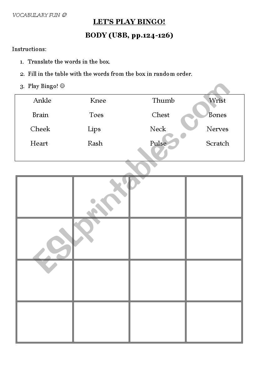 Body BINGO worksheet