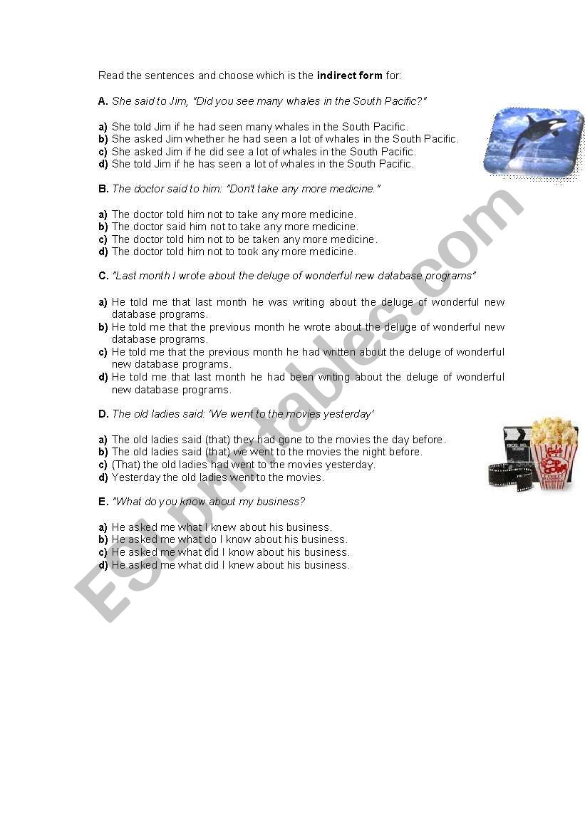Repoted speech worksheet