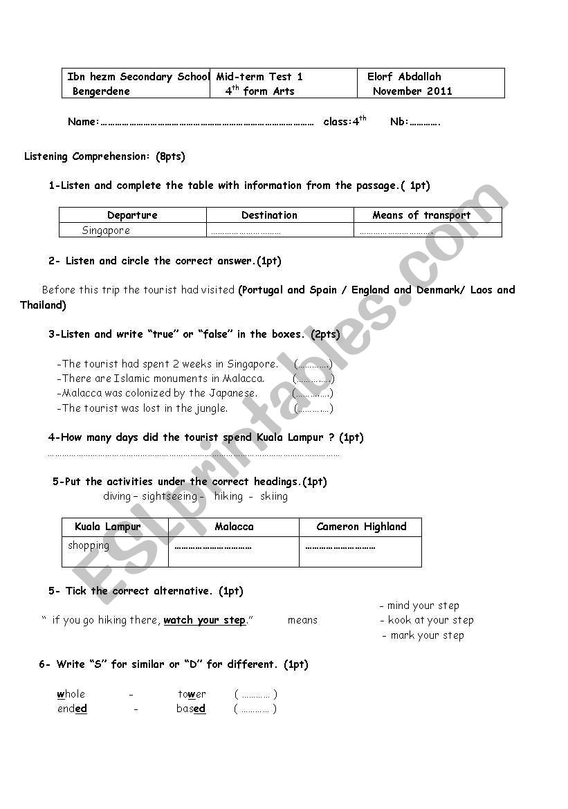 mid term test 4th form worksheet
