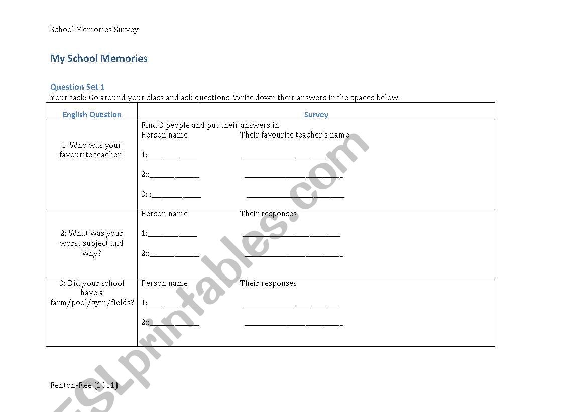 School Memory Survey  worksheet