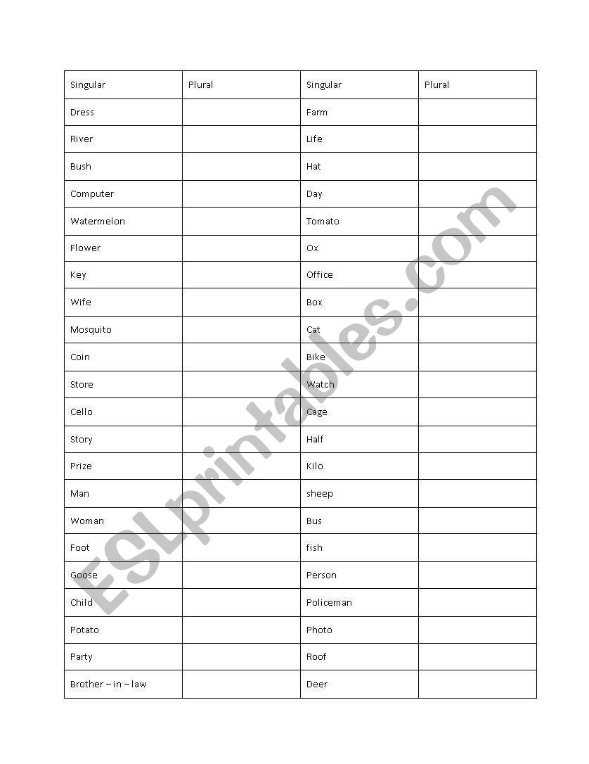 Plural Noun Exercises worksheet