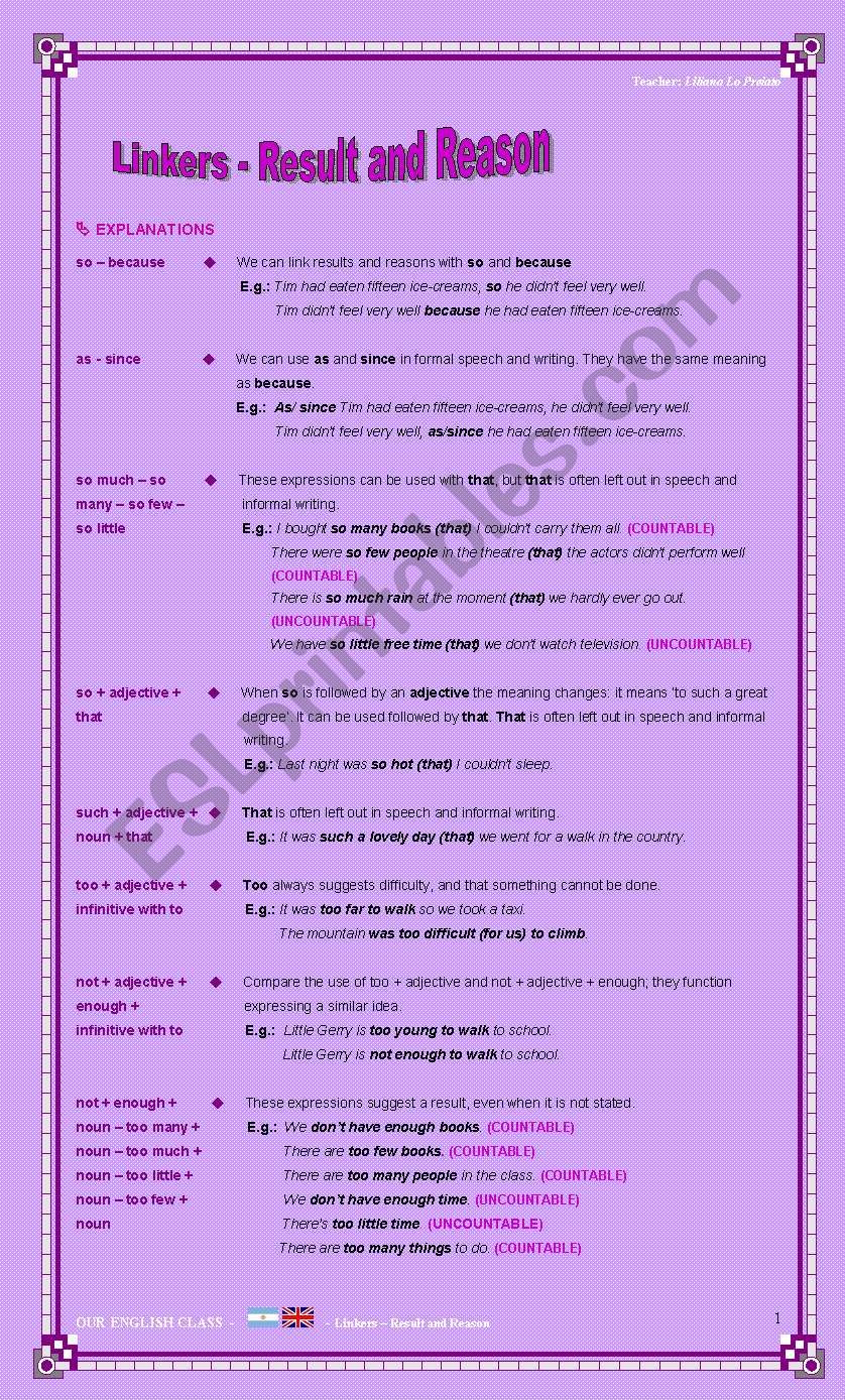 Linkers - Result & Reason worksheet