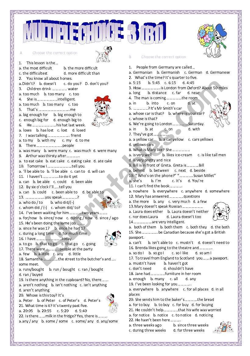 multiple choice 3 (B1) worksheet